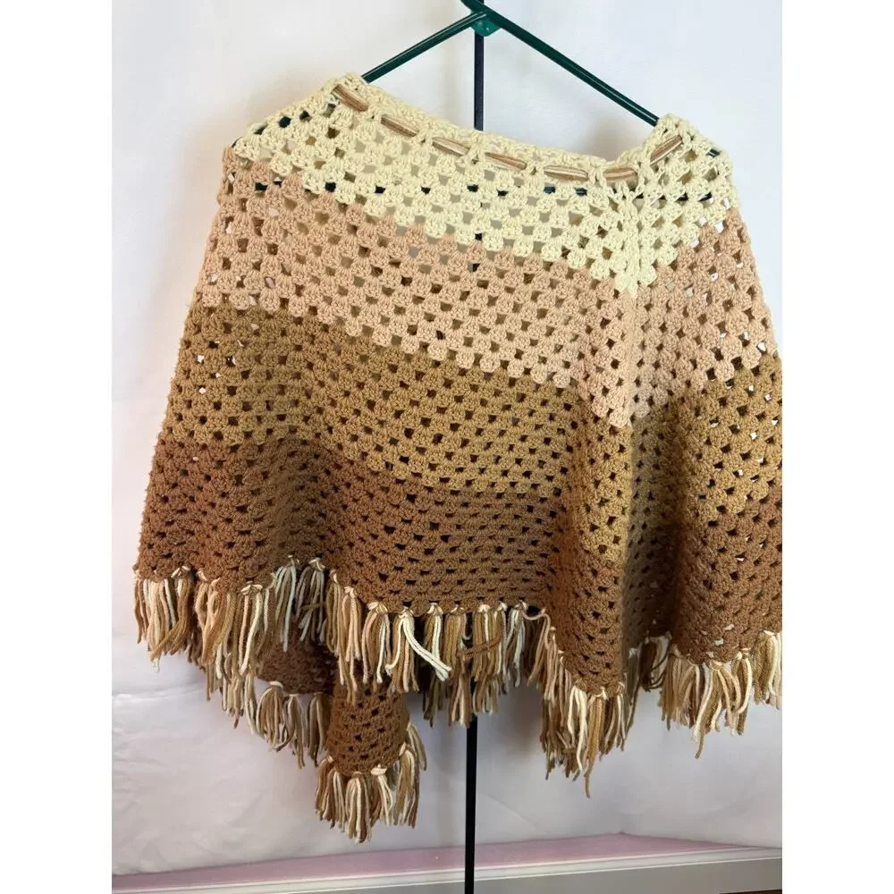 Vintage Handmade Crochet Poncho Shawl Fringe Boho Coastal Festival Layer OS